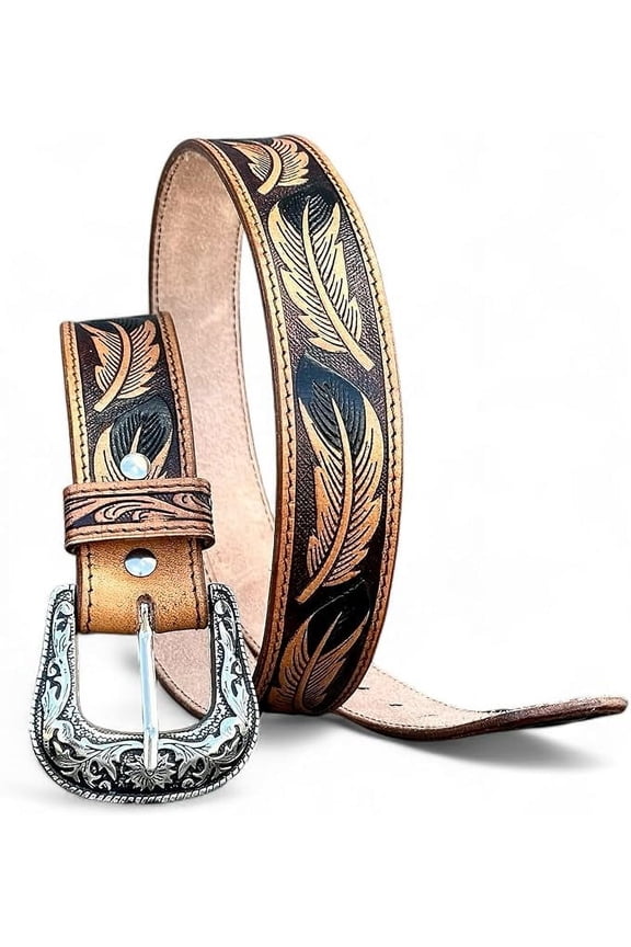 Western Leather Belt for Men Cowboy Rodeo Belt Handmade Tooled Embossed Belt Removable Buckle 1.5” Wide