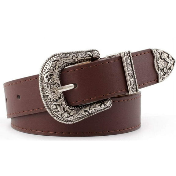 Western-Leather-Belts-Women Vintage Waist-Belts with Hollow Out Flower Buckle