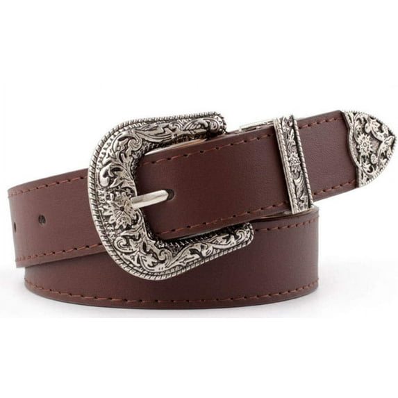 Western-Leather-Belts-Women Vintage Waist-Belts with Hollow Out Flower Buckle