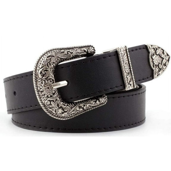 Western-Leather-Belts-Women Vintage Waist-Belts with Hollow Out Flower Buckle