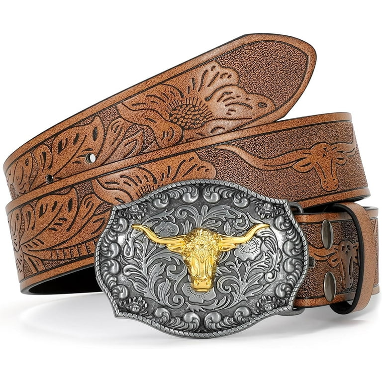 Western Leather Buckle Belt for Men Women Floral Engraved Cowboy