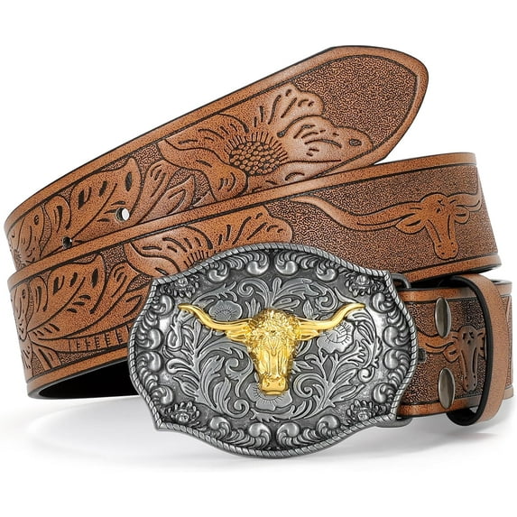 Western Leather Buckle Belt for Men Women Floral Engraved Cowboy Belt Longhorn Bull Buckle Waist Belt for Jeans