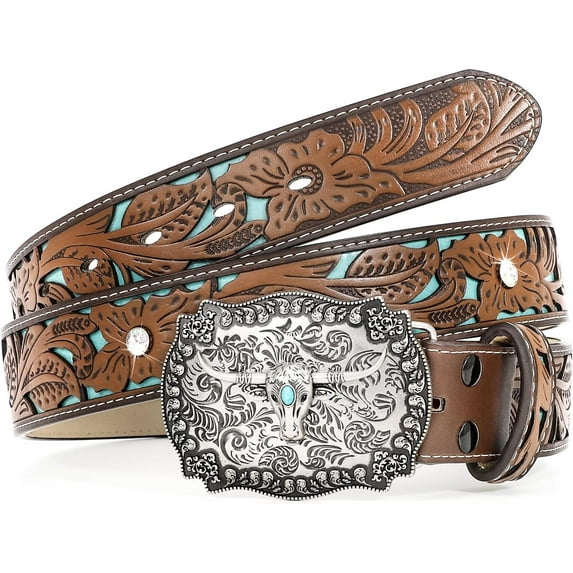 Western Leather Buckle Belt for Men Women Floral Engraved Cowboy Belt Longhorn Bull Buckle Waist Belt for Jeans