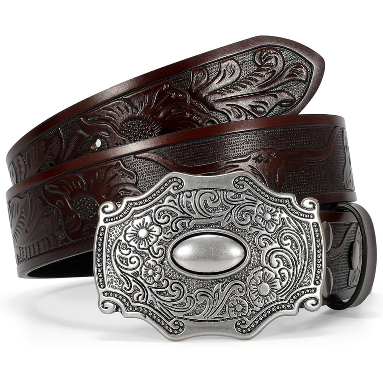 Western Leather Buckle Belt for Men Women Floral Engraved  display picture 2