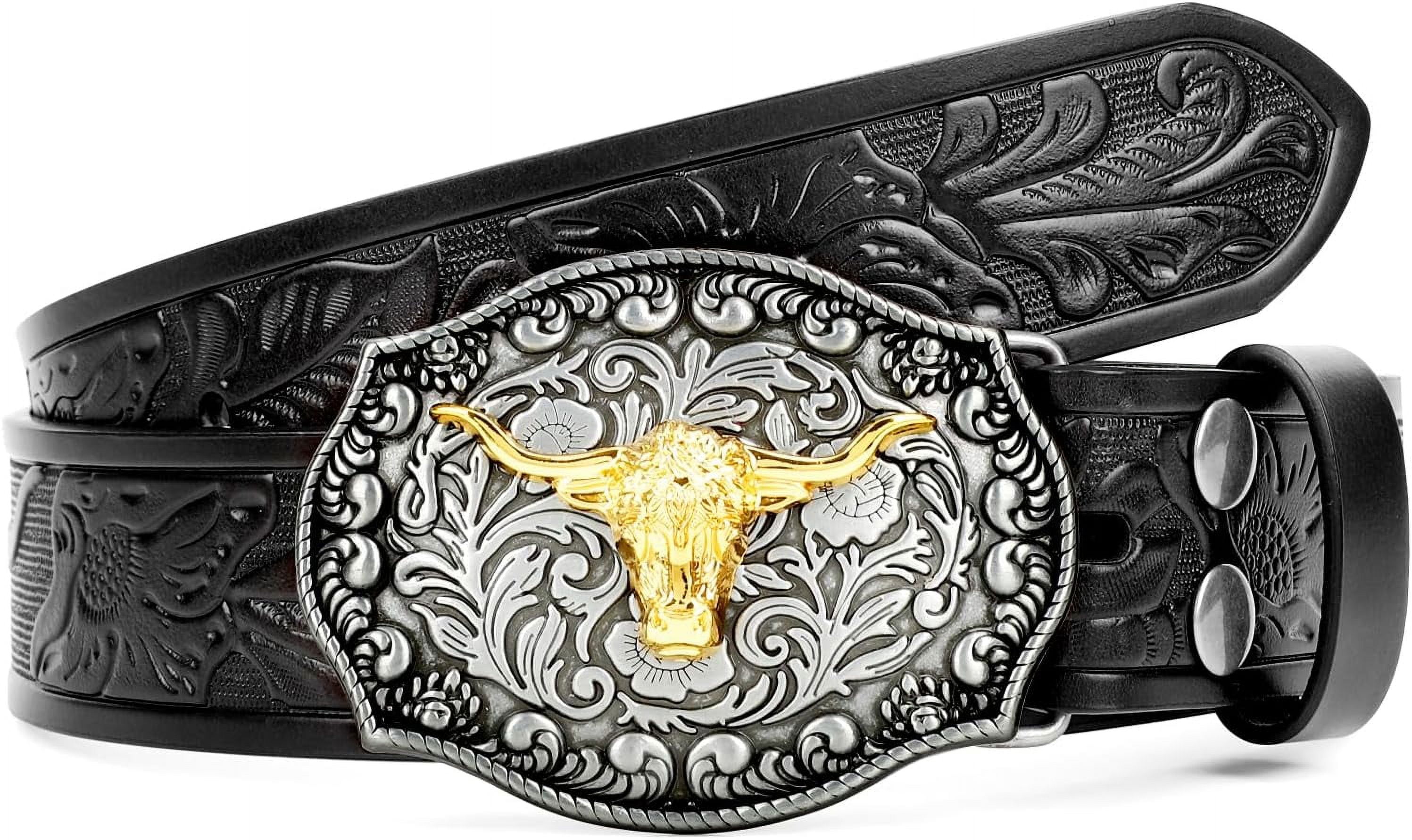 Floral Engraved Longhorn Bull Buckle Western Belt for Jeans INOGIH Men-Western-Cowboy-Leather-Buckle-Belts-with-Longhorn  main image 2