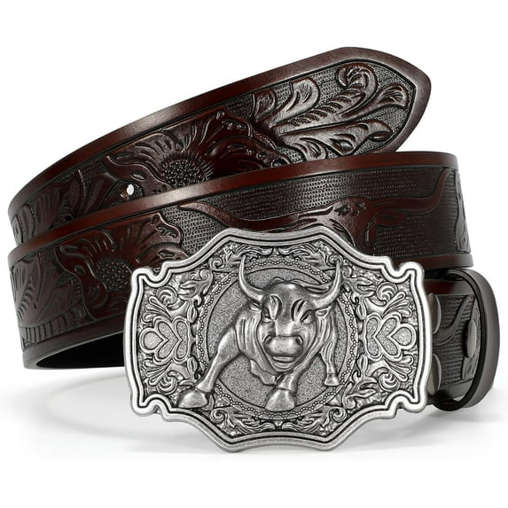 Western Leather Buckle Belt for Men Women Floral Engraved Cowboy Belt Longhorn Bull Buckle Waist Belt for Jeans