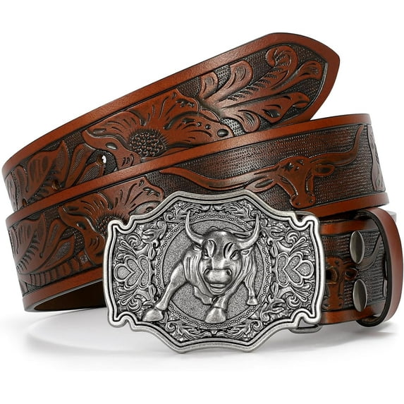 Western Leather Buckle Belt for Men Women Floral Engraved Cowboy Belt Longhorn Bull Buckle Waist Belt for Jeans