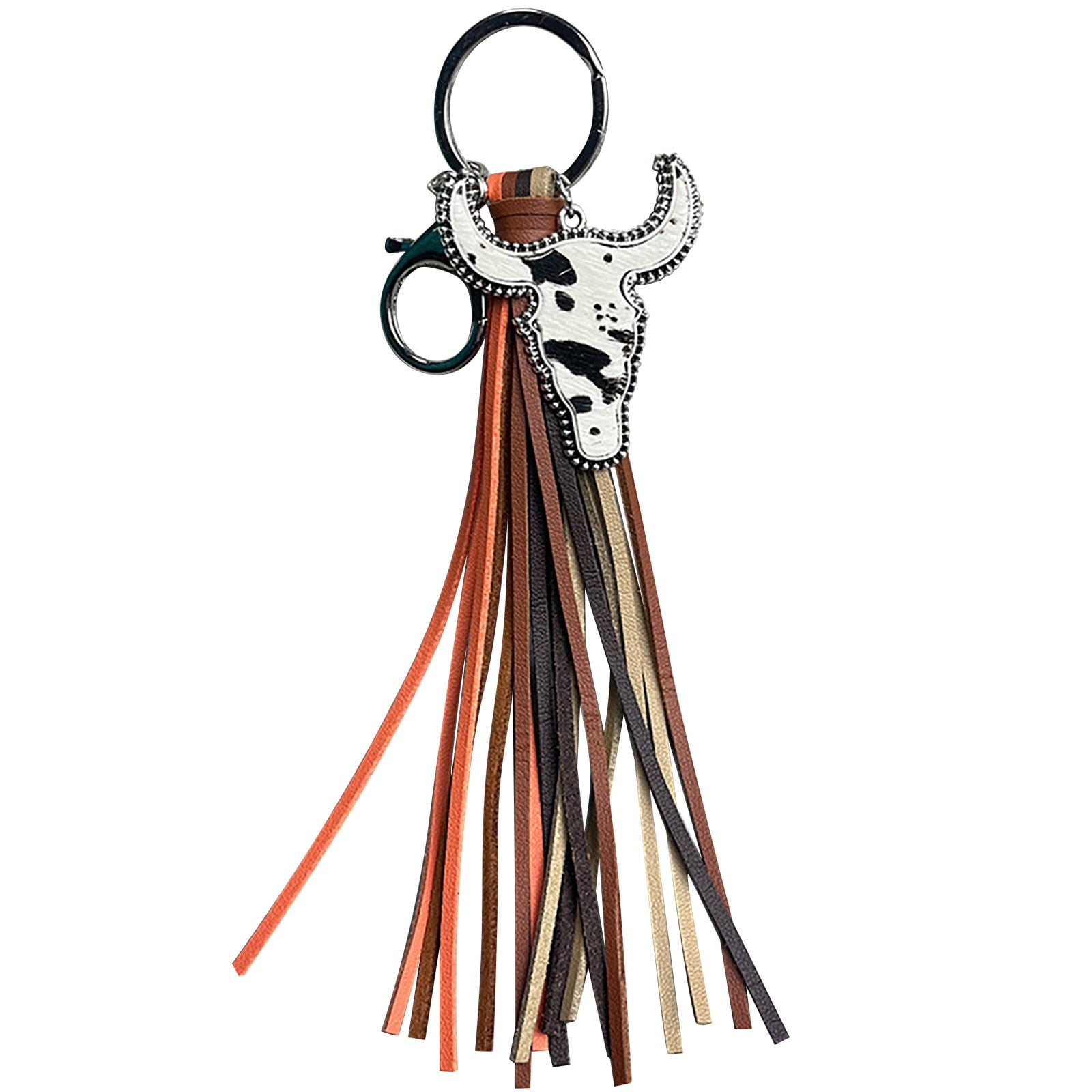 Western Leather Cow Head Keychain Tassel Style Animal Print Key
