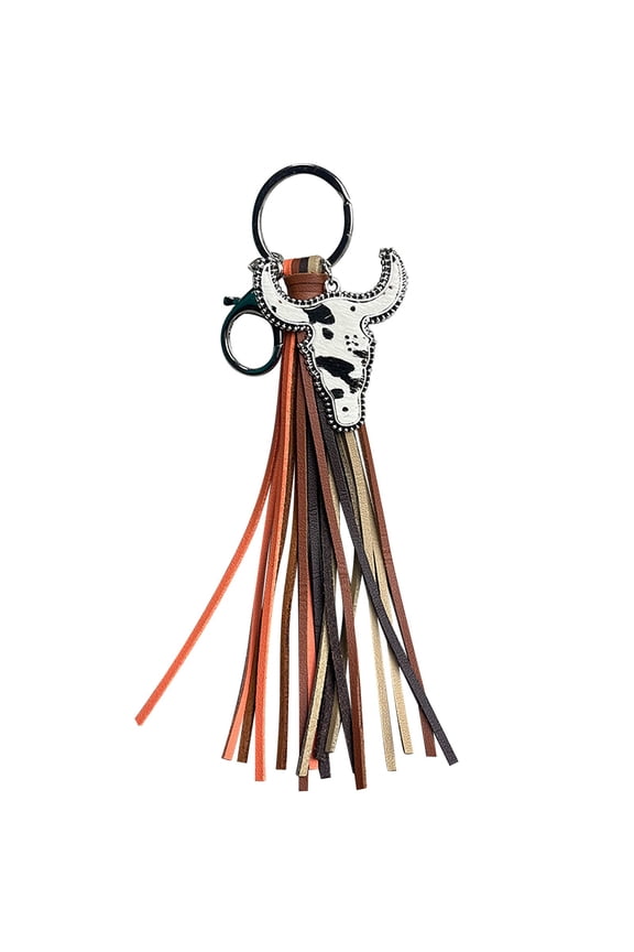 Western Leather Cow Head Keychain Tassel Style Animal Print Key Ring for Men Women Unique Idea