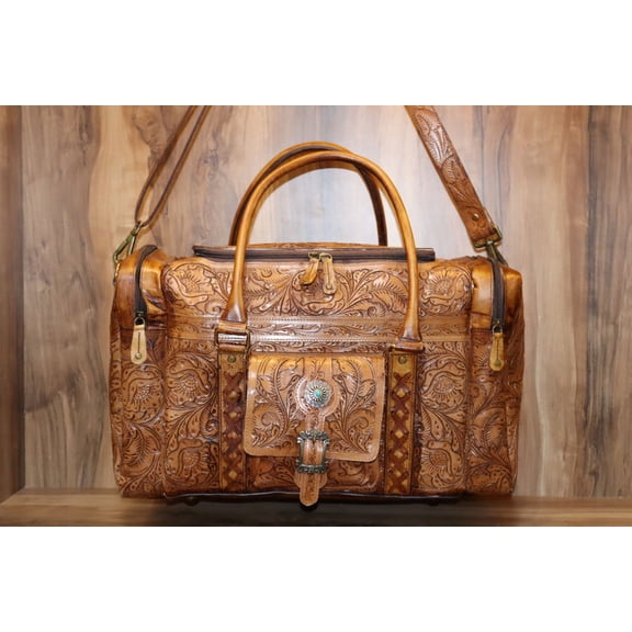 Western Leather Duffel, Genuine Hand Tooled Leather Duffel, Leather Weekender Duffle, Weekender Travel Duffel, Hand Tooled Leather Duffel