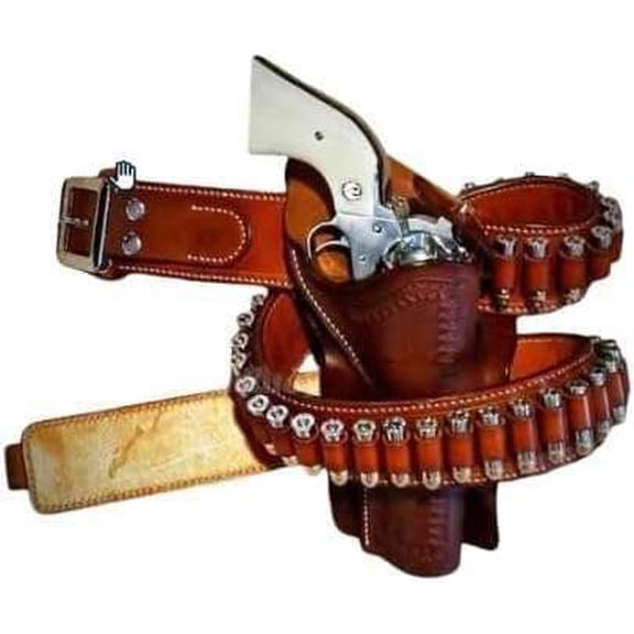 Western Leather Gun Holster Belt with 20 Ammo Loops - Brown Cowboy Revolver Holster Belt, Decorative Studded Design, Vintage Style (Left Hand, Ammo - 0.38, 44"-46")