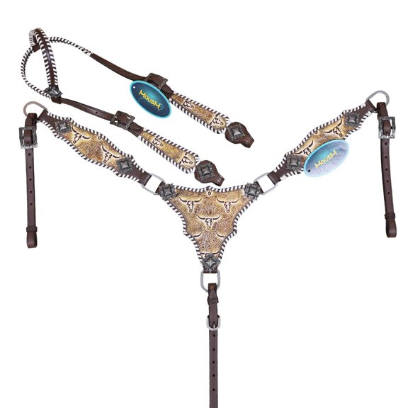 Western Leather Headstall & Breast Collar Set Antique Brown Steer Embossed Patch, White Rawhide Wipe Stitching, Square Berry Conchos, Genuine Argentina Cowhide Vintage Style, Full Horse Size