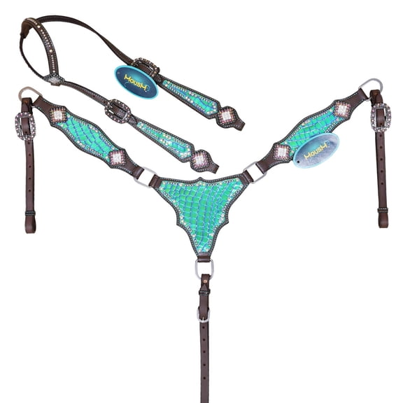 MOUSM Western Leather Headstall and Breast Collar Tack Set with Turquoise and Green Holographic Alligator Print, Silver Studs, and Multicolor Rivets