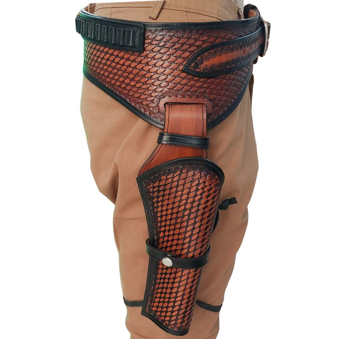 Western Leather Holster with Belt Handmade – Full Grain Tooled Leather Fast Draw Style, Adjustable Gun Belt Holster for Costume & Cowboy Wear