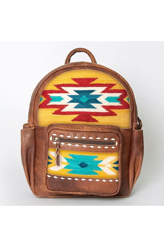 Western Leather Saddle Blanket Backpack, boho travel backpack with a laptop compartment