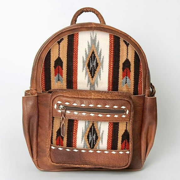 Western Leather Saddle Blanket Backpack, boho travel backpack with a laptop compartment
