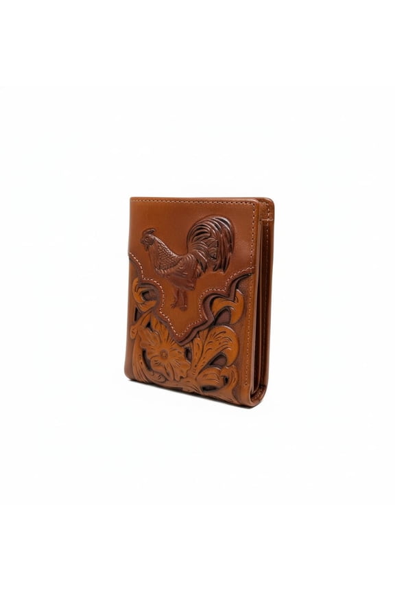Western Leather Wallet for Men - Embossed Rooster Design with Laser Cut Floral Pattern - Bifold Cowboy Style Y101