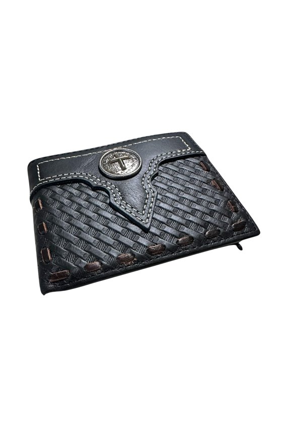 Western Leather Wallet for Men - Religious Cross Concho with Tooled Basketweave Design and Stitched Inlay - Cowboy Bifold A101
