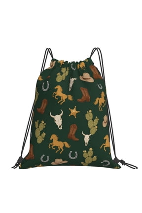 Western Lodge Pattern Textile Large Drawstring Backpack Casual Cinch Sack Bag Backpack for Sports Hiking Travel Gym