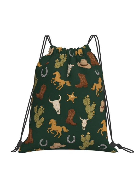 Western Lodge Pattern Textile Large Drawstring Backpack Casual Cinch Sack Bag Backpack for Sports Hiking Travel Gym