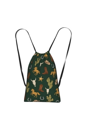 Western Lodge Pattern Textile Packable Drawstring Backpack, Lightweight Foldable Cinch Storage Bag for Gym Travel Shopping