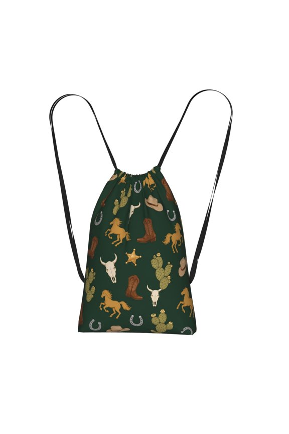 Western Lodge Pattern Textile Packable Drawstring Backpack, Lightweight Foldable Cinch Storage Bag for Gym Travel Shopping