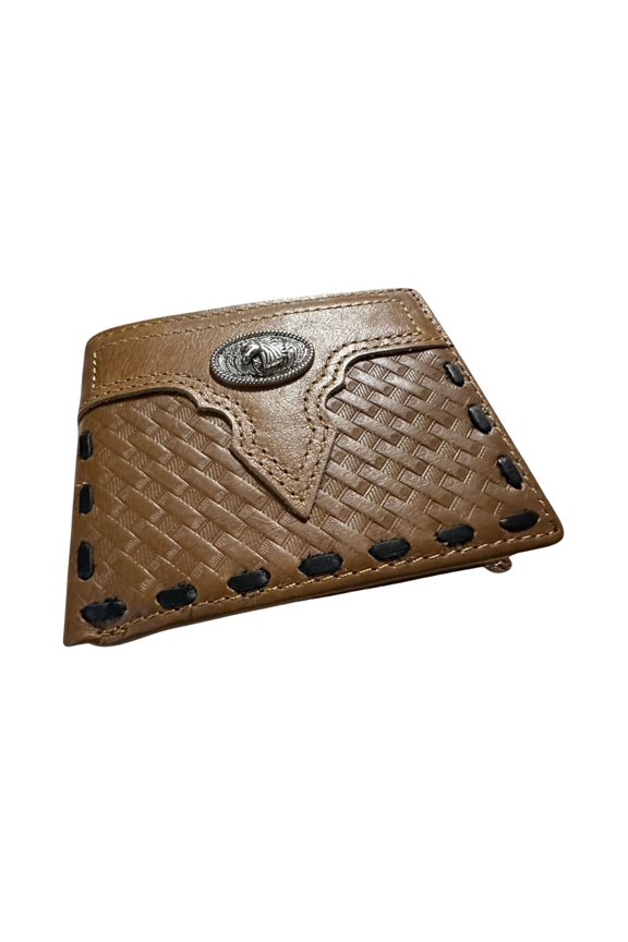 Western Long Leather Wallet for Men - Horse Concho with Basketweave Tooled Finish and Stitched Inlay - Rodeo Bifold Cowboy Design A101