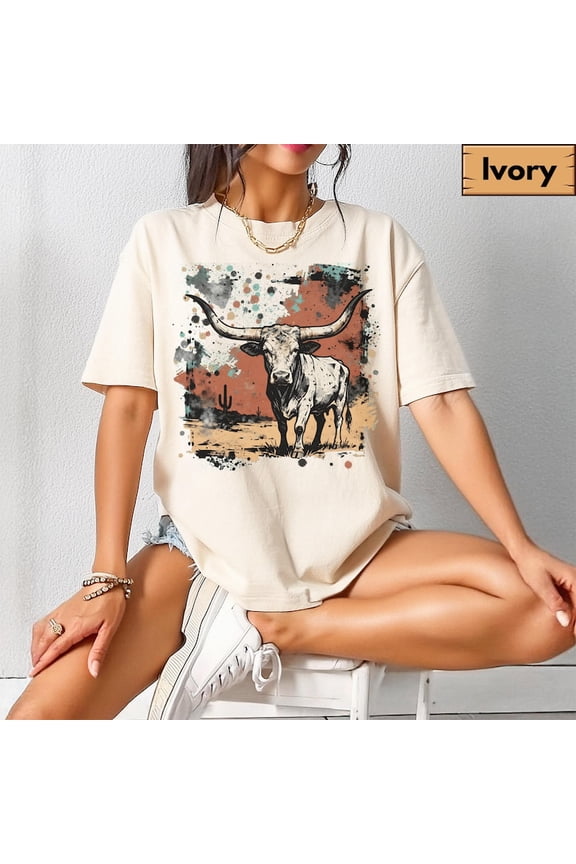 Western Longhorn Bull Shirt, Desert Cowboy Graphic Tee, Rustic Rodeo Country Art Design Comfort Colors Unisex Cotton T-Shirt, Size S-3XL