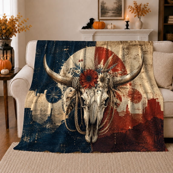 Western Longhorn Gothic Motif Floral Crown Desert Scene, Cozy Friendship Quote Scene, Warm Flannel Blanket for Living Room and Reading Nook, Art Lovers Friendship Gift, Artistic Home Decor