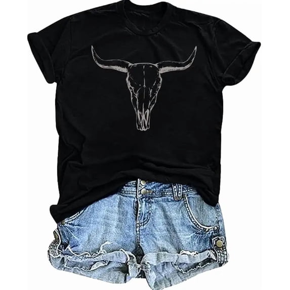 Western Longhorn Steer Skull Graphic for Women Vintage Short Sleeve Casual Tee