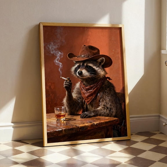 Western Lounge Raccoon Cowboy Animal Rustic Bar Saloon for Kitchen or Home Poster
