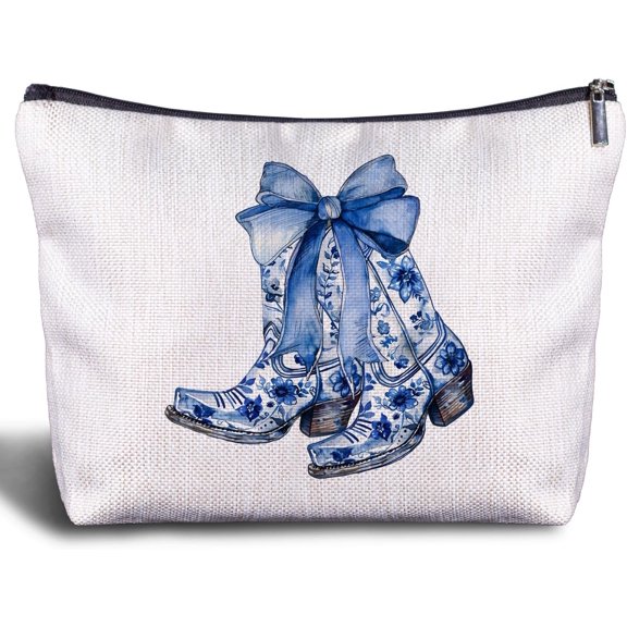 Western Makeup Bag - Blue Bow Cowgirl Boots, Zipper Pouch  for Women
