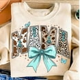 thumbnail image 1 of Western Mama Sweatshirt, Coquette Cow Print Crewneck, Turquoise Cowgirl Pullover, Howdy Fall Top, Cowhide Aesthetic Sweatshirt, 1 of 5