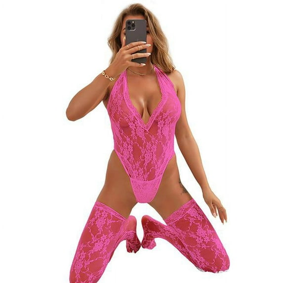 Western Mania 19075-FUC-SM Sexy Lace Sleeveless See-Through Backless Deep V-Neck Bodysuit with Stockings, Fuchsia - Small & Medium