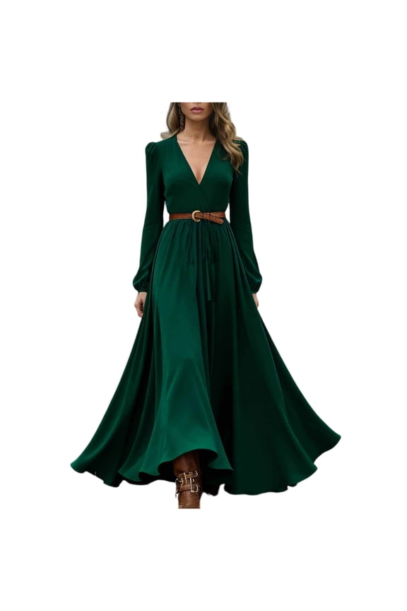 Western Maxi Dress, Button Front Ruffle Detail Long Sleeve Cowgirl Dress, Boho Style for Concert, Festival & Fall Photoshoot Army Green XL