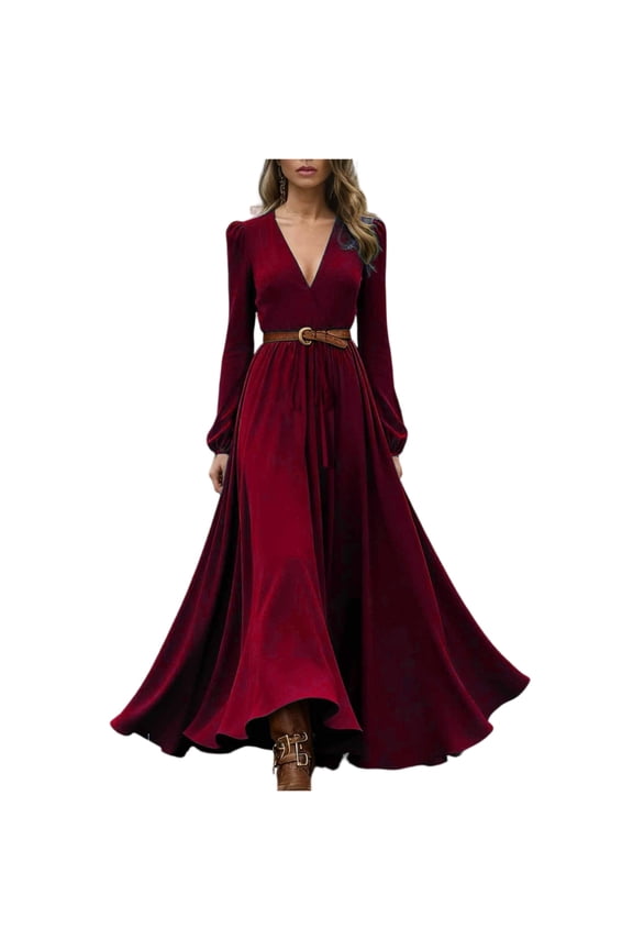 Western Maxi Dress, Button Front Ruffle Detail Long Sleeve Cowgirl Dress, Boho Style for Concert, Festival & Fall Photoshoot Wine XL