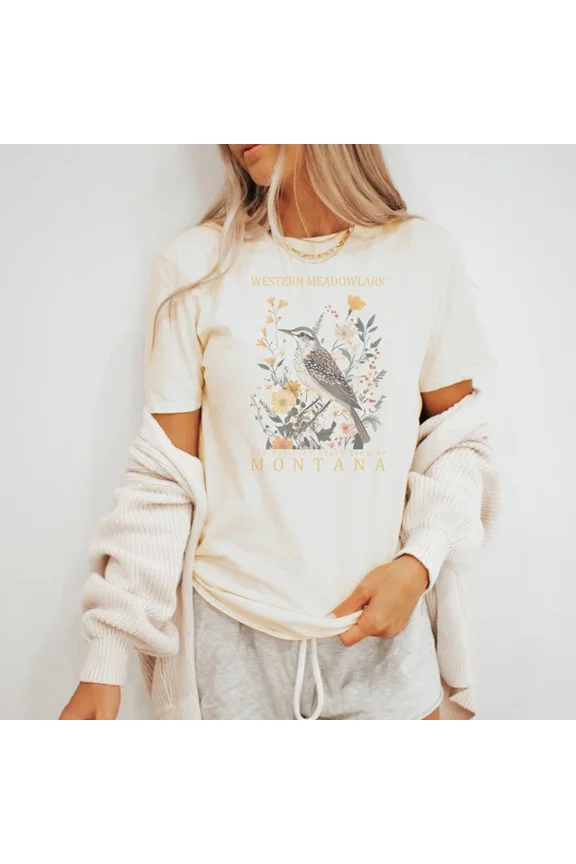 Western Meadowlark State Bird Graphic Tee Montana Nature Botanical Art Size S-5Xl Heygategoo Tee