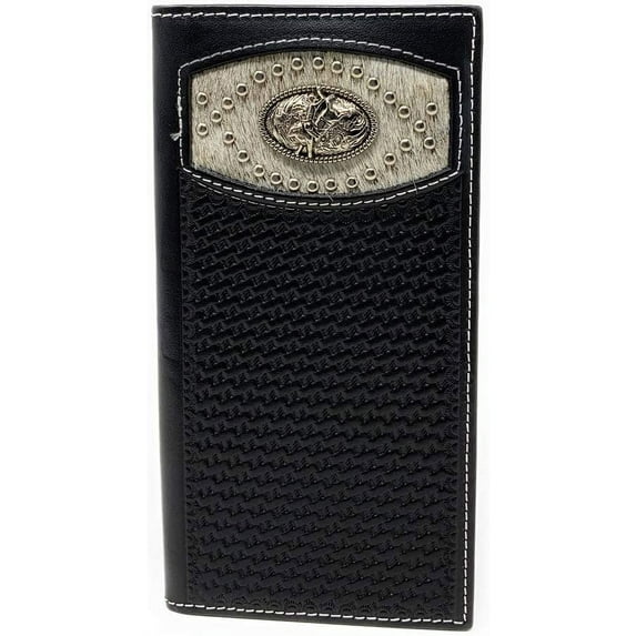 Western Men's Basketweave Genuine Leather Rodeo Long Cowhide Stud Bifold Wallet in 3 Colors