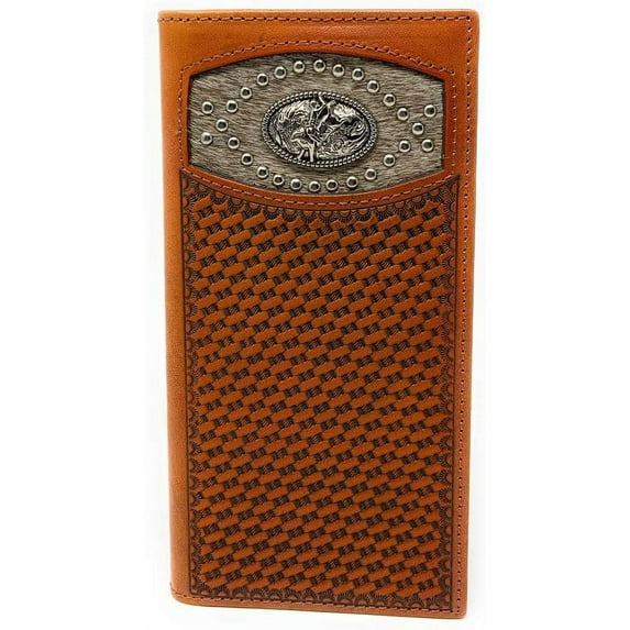 Western Men's Basketweave Genuine Leather Rodeo Long Cowhide Stud Bifold Wallet in 3 Colors