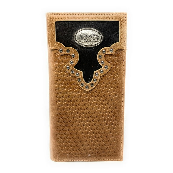 Western Men's Cow Fur Genuine Leather Basketweave Praying Cowboy Bifold Wallet in 2 Colors