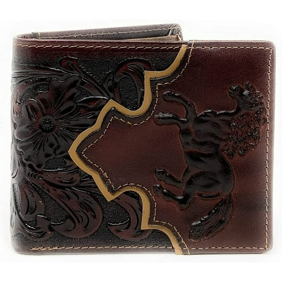 Western Men's Cowboy Leather Floral Tooled Laser Cut Multi Emblem Short Wallet in Multi Colors