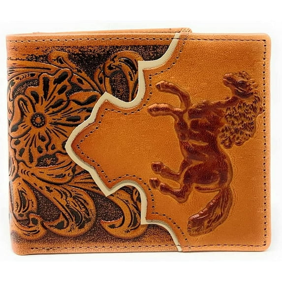 Western Men's Cowboy Leather Floral Tooled Laser Cut Multi Emblem Short Wallet in Multi Colors