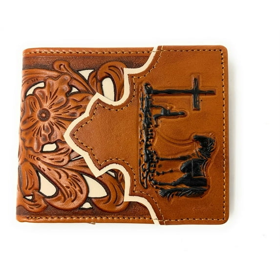 Western Men's Genuine Leather Floral Tooled Laser Cut Praying Cowboy Wallet in 9 colors