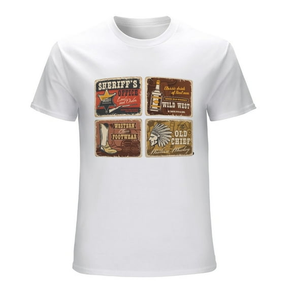 Western Men’s Graphic T-shirt Vintage Short Sleeve Sport Tee White 5XL