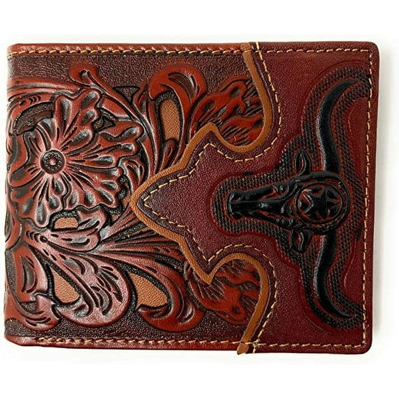 Western Men's Leather Longhorn Floral Tooled Laser Cut Lone Star Short Wallet in 8 colors