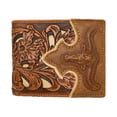 thumbnail image 1 of Western Men's Leather Longhorn Floral Tooled Laser Cut Lone Star Short Wallet in 8 colors, 1 of 4