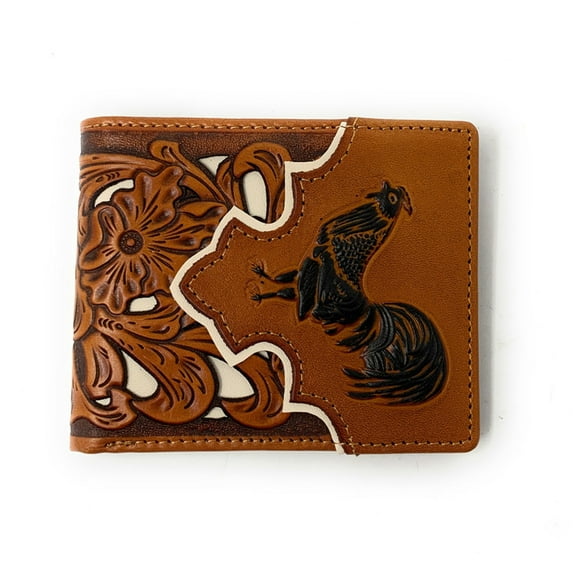 Western Men's Leather Rooster Floral Tooled Laser Cut Lone Star Short Wallet in 9 colors