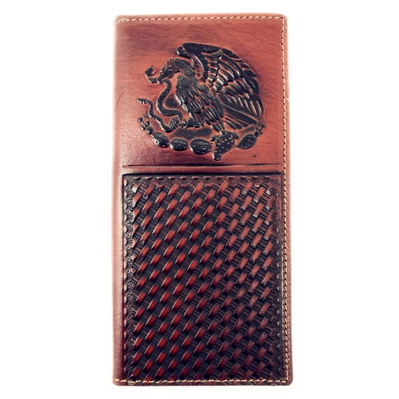 Western Mens Embossed Basketweave Cowboy Brown Long Wallet in Multi Emblem