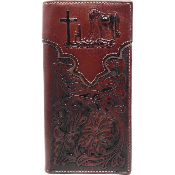 Western Mens Embossed Basketweave Cowboy Brown Long Wallet in Multi Emblem