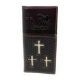thumbnail image 1 of Western Mens Embossed Basketweave Cowhide Cross Praying Cowboy Long Wallet in 3 Colors, 1 of 3